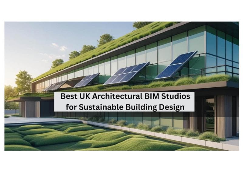 Modern sustainable building with a green roof and solar panels.